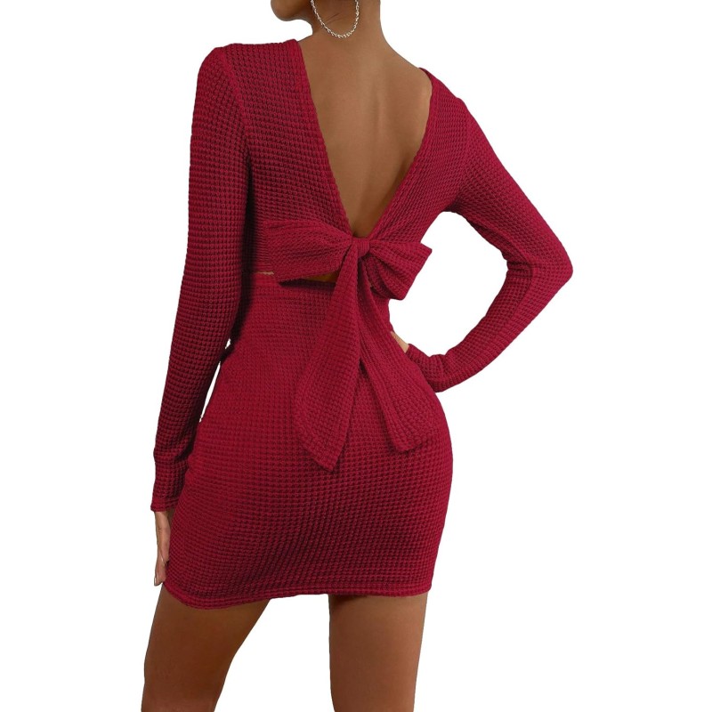 Floerns Womens Solid Long Sleeve Backless Tie Back Bodycon Mini Dressred Floerns 6728