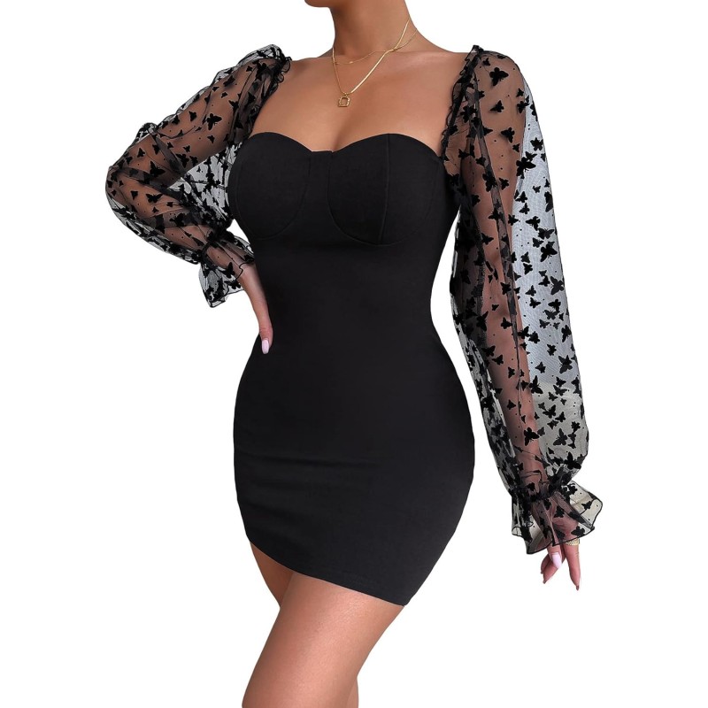 Floerns Womens Sweetheart Neck Mesh Sheer Ruffle Long Sleeve Bodycon Mini Dressblack Solid